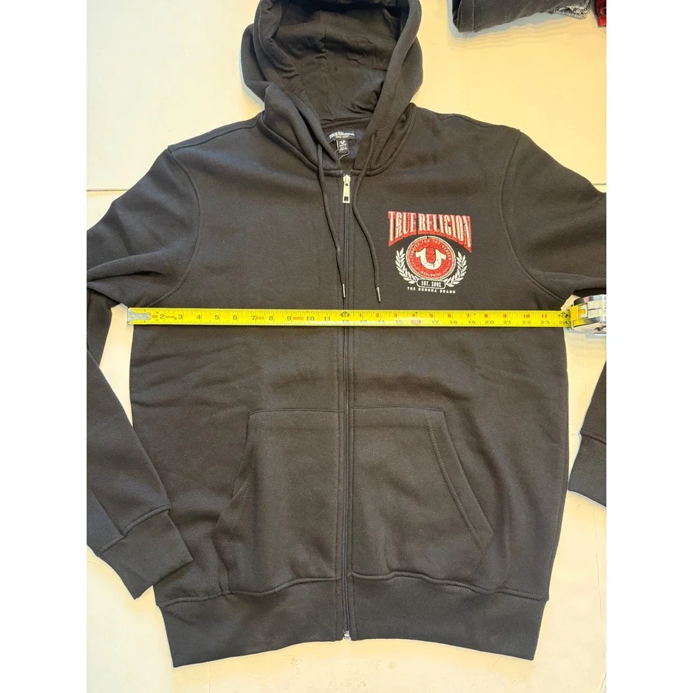 True Religion Mens College HS Zip Hoodie Jet Black Distressed Logo 700926 XL